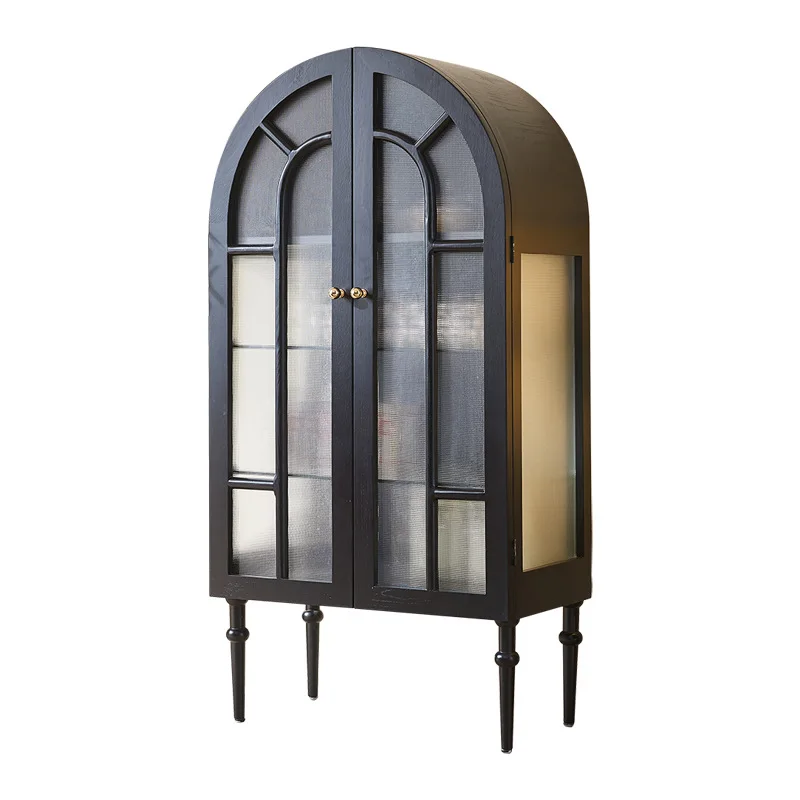 

French retro arched solid wood glass side cabinet household living room wall arched display cabinet stora
