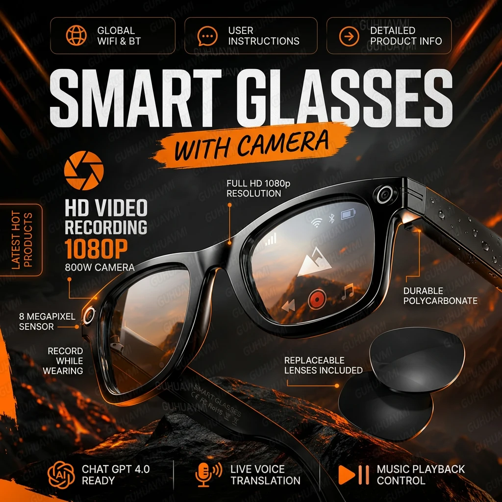2026 AI Smart Glasses 8MP Camera Anti Shake Video Recording AI Translation WiFi Transfer Bluetooth Call Music for Cycling Travel