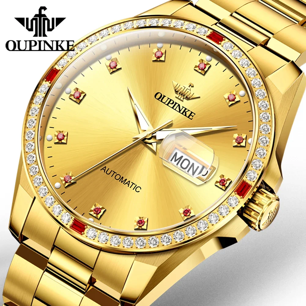 

OUPINKE 3261 Luxury Original Man Wrist Watches Diamond Dial Automatic Mechanical Watch For Men Dual Calendar Business Hand Clock