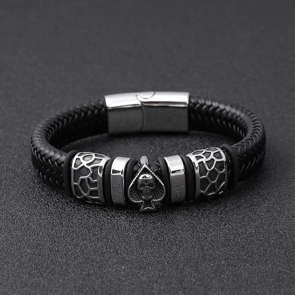 Poker Skull Braid Leather Men Bracelets Stainless Steel Magnetic Punk Vintage New in For Women Fashion Jewelry Gifts Wholesale