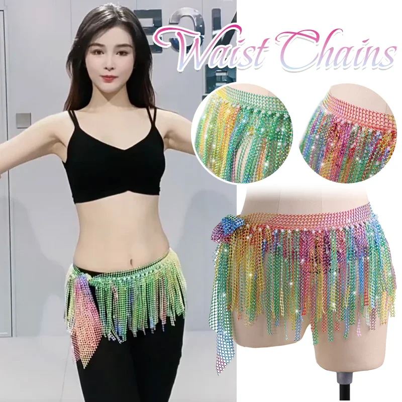 

Women Shiny Belly Dance Waist Chain Oriental Bellydance Indian Dance Costume Accessories Tassel Party Hip Scarf Hula Short Skirt