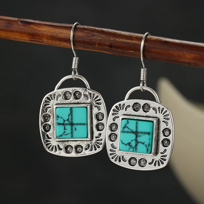 Vintage Delicate Synthetic Turquoise Textured Silvery Pendant Earrings for Women Bohemian Style Elegant Banquet Vacation Jewelry