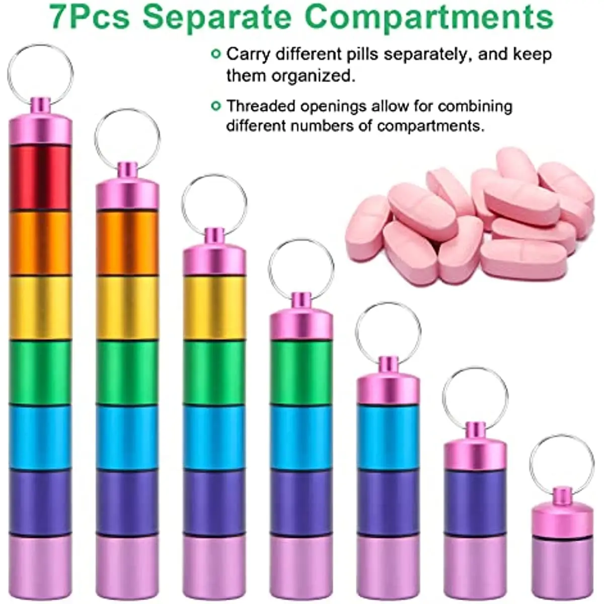 Small Portable Pill Case Keychain Waterproof Metal Pill Holder Tube with 7 Compartments Mini Pill Organizer Weekly Pocket Boxes