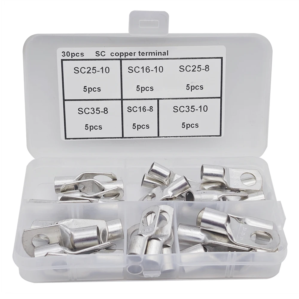 30 Piece Tinned Copper Wire Lug Kit - Battery Lug - Crimp Battery Cable End - Ring Terminal - 6-2 Gauge
