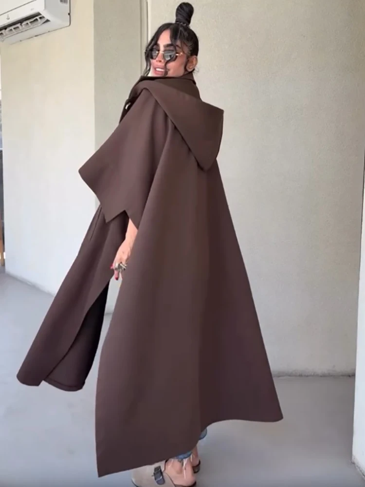 Trendy Long Hooded Cape Long Coat Open Front Batwing Short Sleeve Loose Maxi Cloak Jacket Women Elegant Street Daily Outfit New