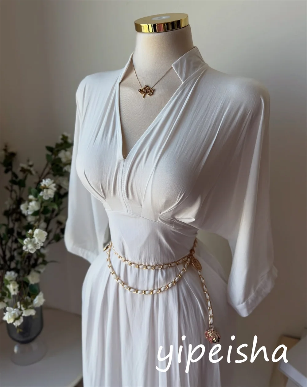 Customized Casual Simple Jersey Sash Pleat A-line V-neck Midi Dresses Bespoke Occasion Intricate Matching