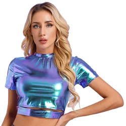 Womens Metallic Shiny Crop Top Clubwear Mock Neck Short Sleeve Cut Out Bodycon Top Blouse Camis Jazz Disco Rave Party Costume