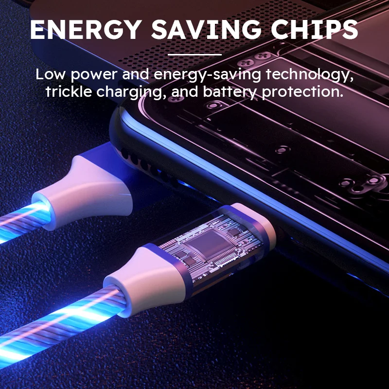 3-in-1 Multi USB Universal Flowing LED Light Up Phone Charge Cable, With Interface For Apple+Type C+Micro USB Charger Connector
