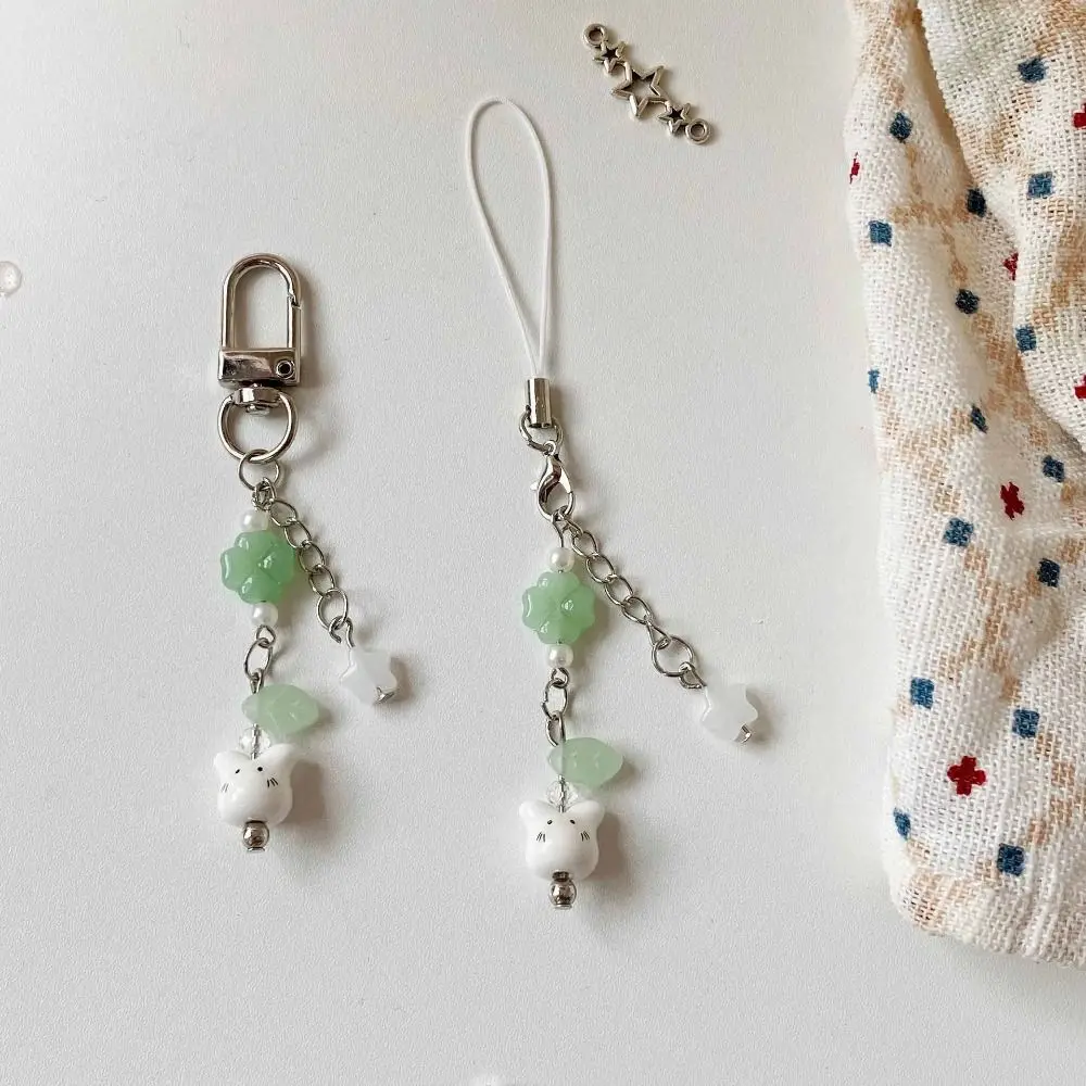 

Y2K Cute Beaded Phone Charm Strap Cord Trendy Look Ceramics Bunny Keychain Handmade Rabbits Four Leaf Clover Pandant