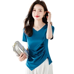 Elegant Summer Irregular Satin Shirts 2024 Autumn Silk Pullover V-Neck Slim Women Blouse plus size work wear Chic  blusas mujer