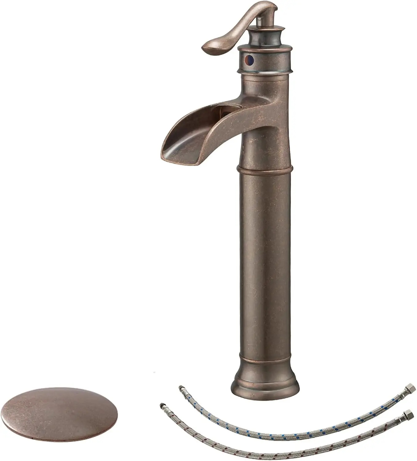 

Vessel Sink Faucet Waterfall Antique Copper Single Hole with Pop Up Drain Stopper Without Overflow and Supply Lines One Hand