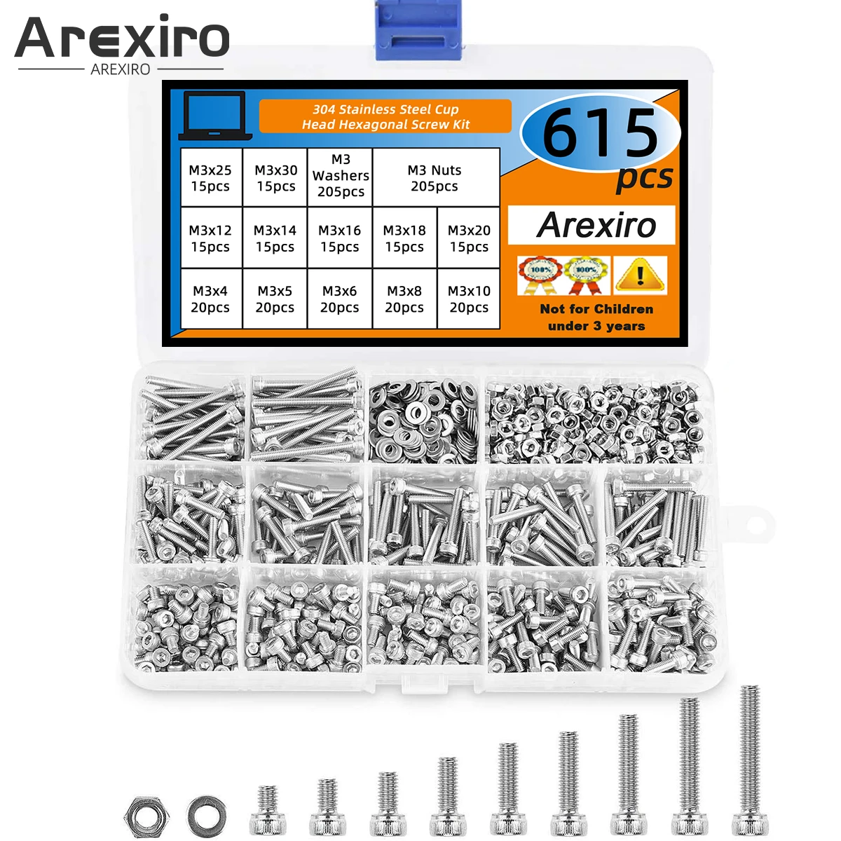 615 قطعة M3x4/5/6/8/10/12/14/16/18/20/25/30 مللي متر 304 سداسية من الفولاذ المقاوم للصدأ مسمار لولبي الرأس الجوز عدة