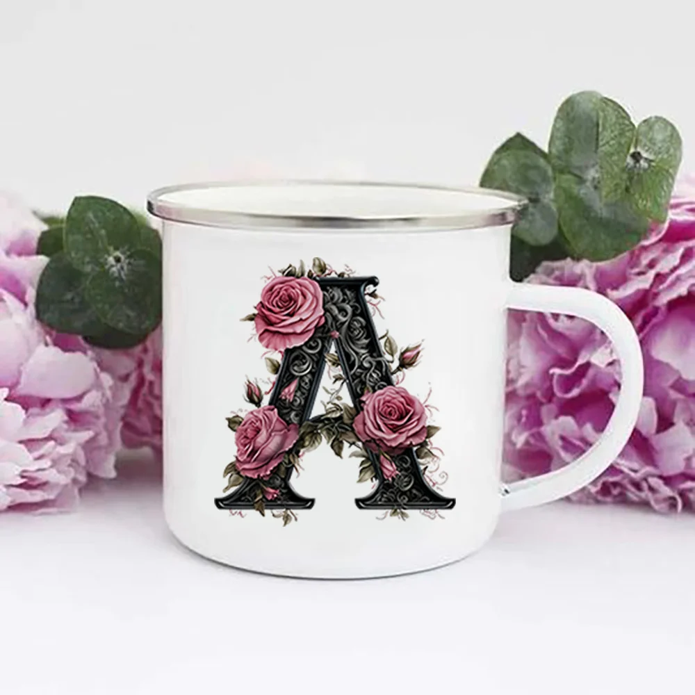 Initial Letter Monogram Floral Alphabet Coffee Cup Initial A-Z Coffee Enamel Mug Floral Alphabet Cup Birthday & Xmas Gifts