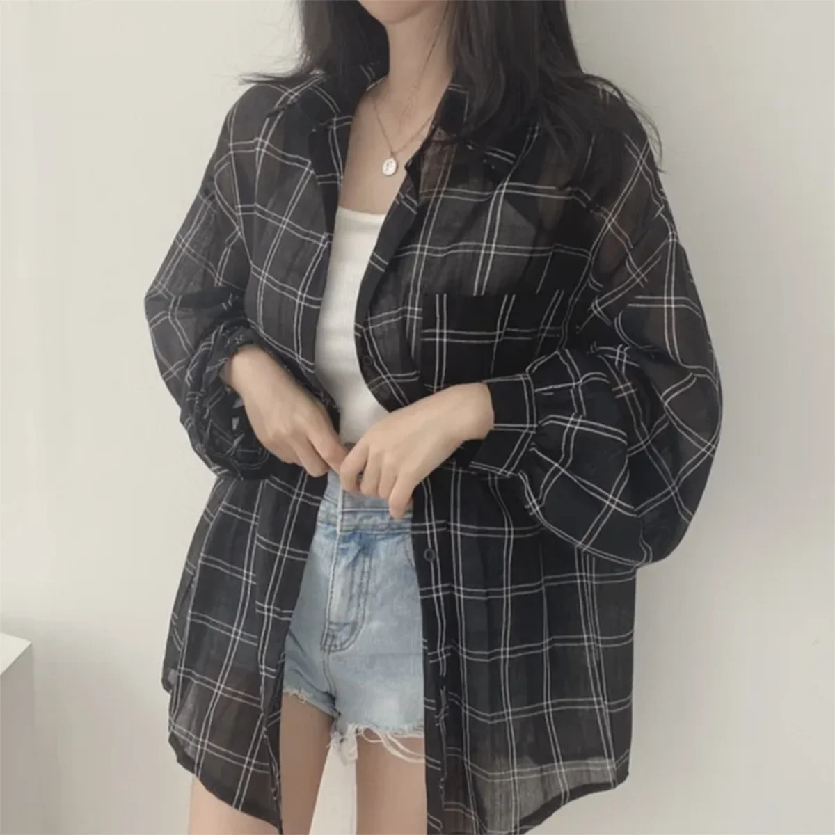 세련된 여름 레저 격자 무늬 긴 소매 태양 보호 코트 빈티지 여성의 느슨한 맞는 캐주얼 얇은 카디건 한국 스타일 복장