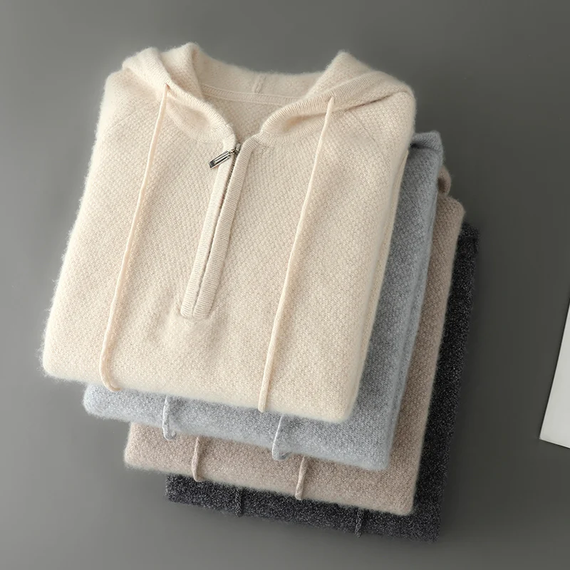 Men's Knitted Sweater 100% Merino Wool Thickened Hoodie Pullover Autumn/Winter New Sweater Casual Loose Long Sleeve Sports Top
