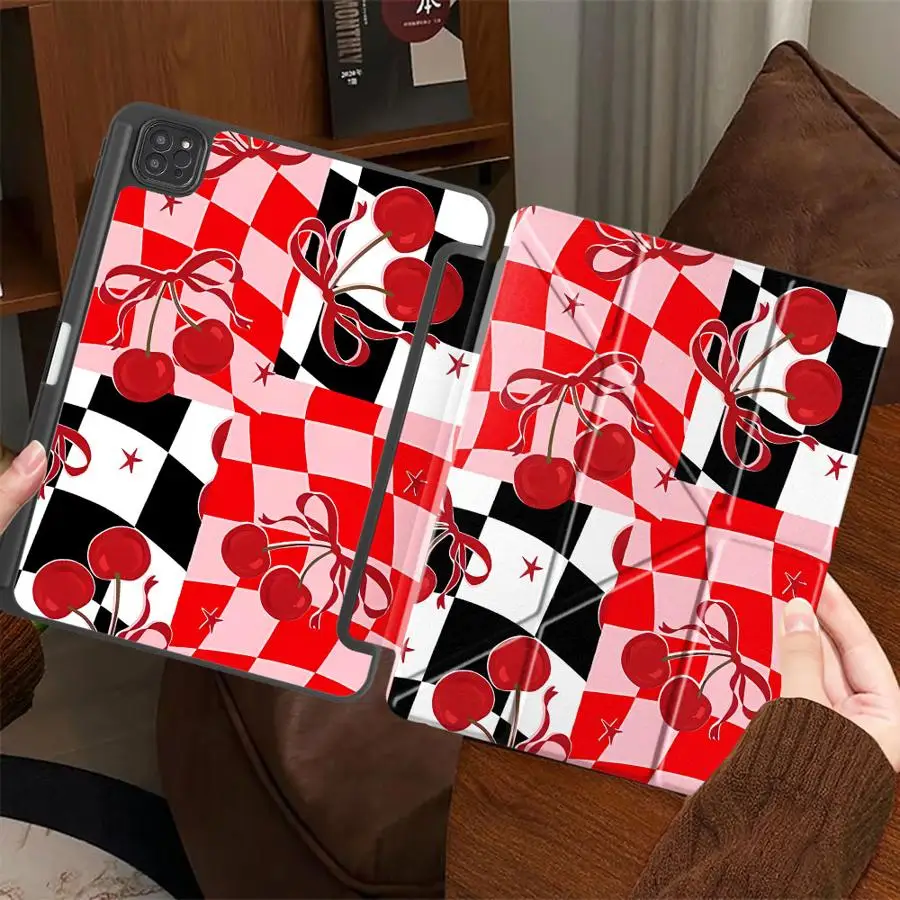 Black And White Plaid Lovely Cherry Holder Cover Tablet Case For iPad Air 4 5 M3 M2 M4 11inch Pro 2025 Mini 6 7 Pro 11th 10th