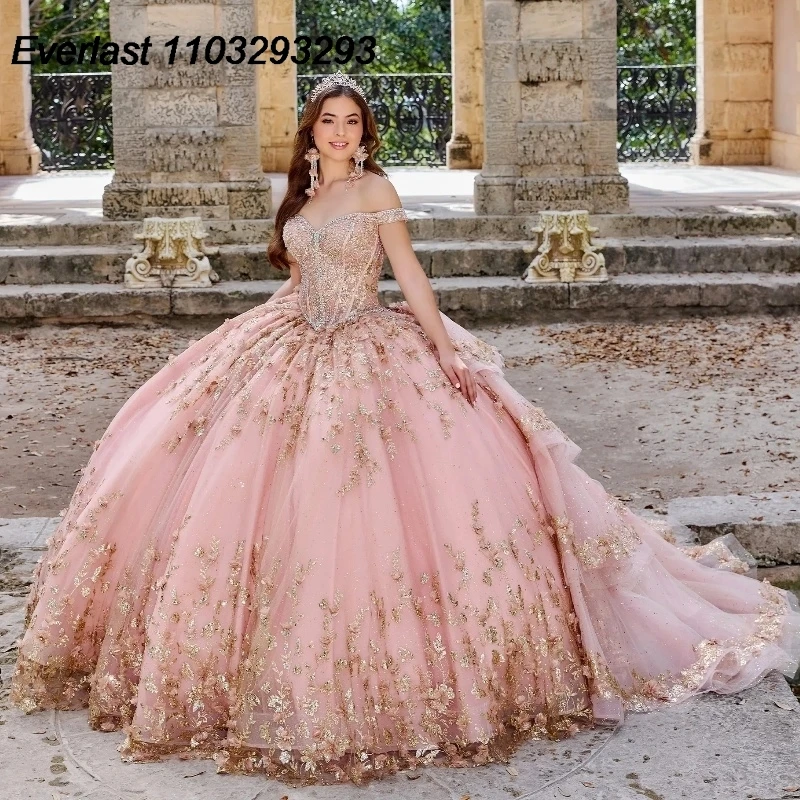 EVLAST-Vestido Quinceanera com Renda Floral, Applique Beading, Ruffles Back, Vestido de Baile Sweet 16, Roxo Brilhante, TQD276