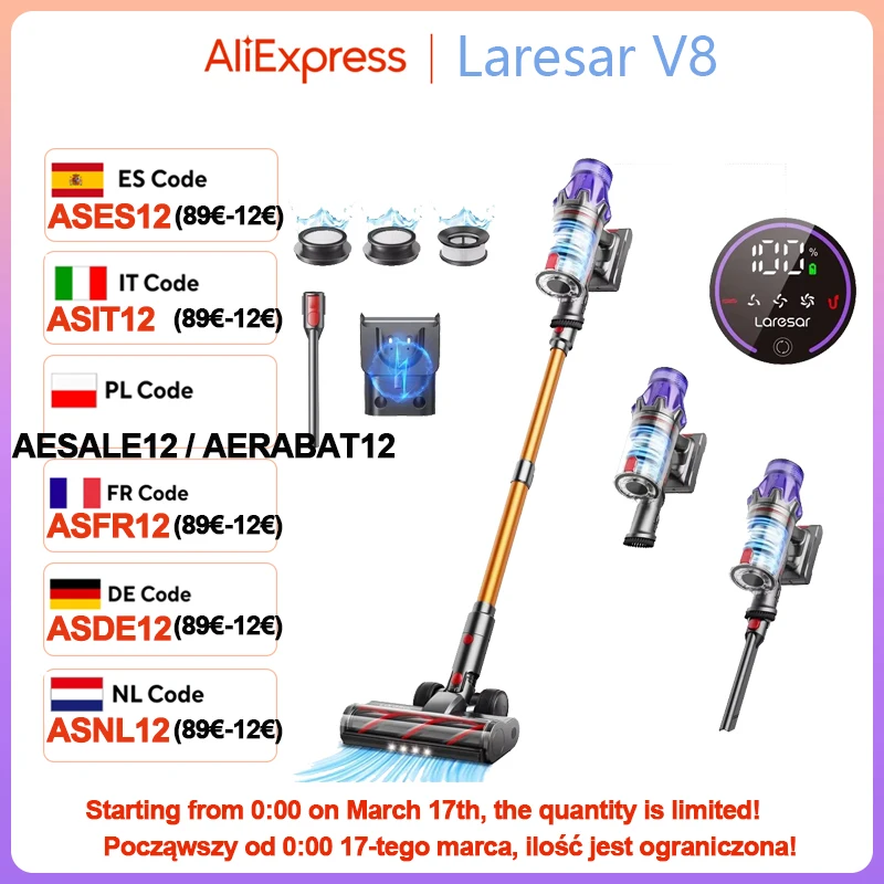 Laresar V7 500W 50KPA Suction Power Cordless Vacuum Cleaner  Handheld smart Home appliance Removable Battery Dust Cup