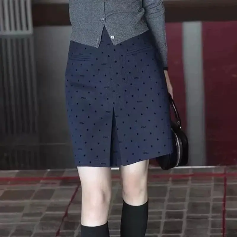 

2025 New Spring Korean Style Navy Polka Dot High Waist A Line Skirt for Women Female Slim Fit Miu Aesthetic Luxury Mini Skirt