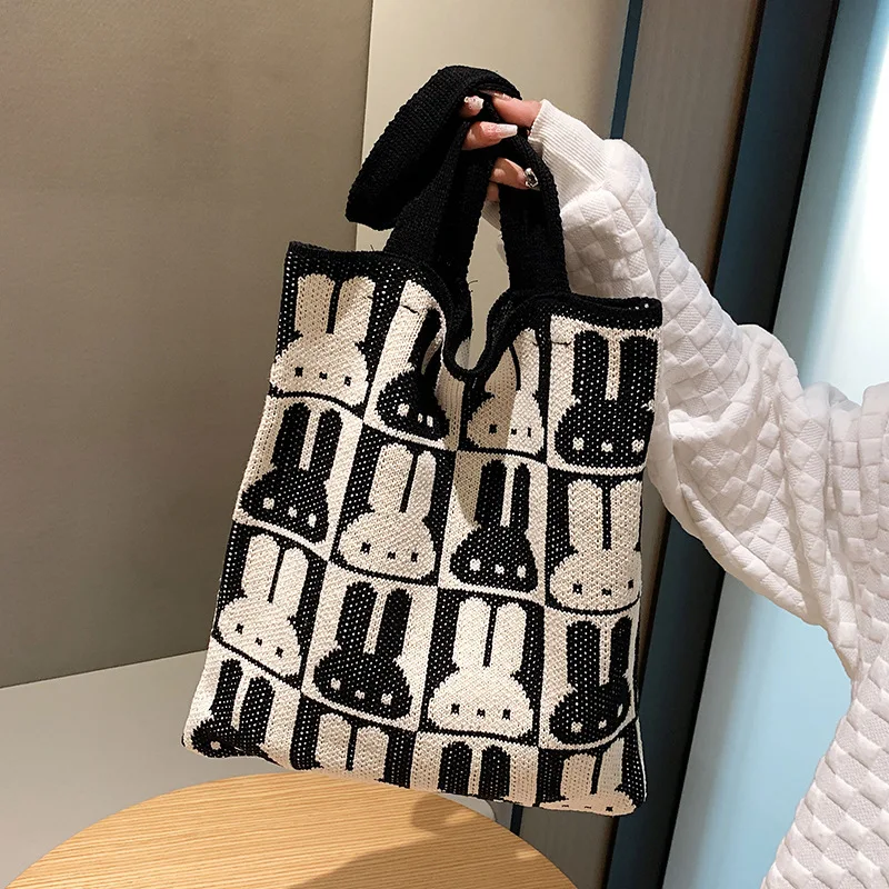 2023Cute Rabbit Printing Cotton Thread Tote Bag Women Shoulder Bag Girl Shopper Fashion Large Capacity Knitting Lattice Handbags