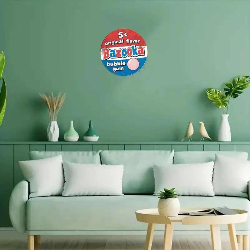 شعار Vintage Bazooka Bubble Gum - ديكور جدار حديدي مستدير 8 بوصة، نكهة أصلية، تصميم قديم، مثالي للحانات والمقاهي والنوادي، K #6