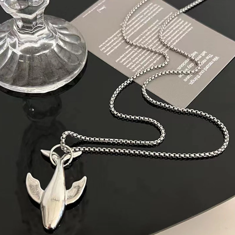 Fashion Trend Whale Stainless Steel Pendant Necklace for Men Exquisite High-end Design Small Whale Cold Wind Long Sweater Chain