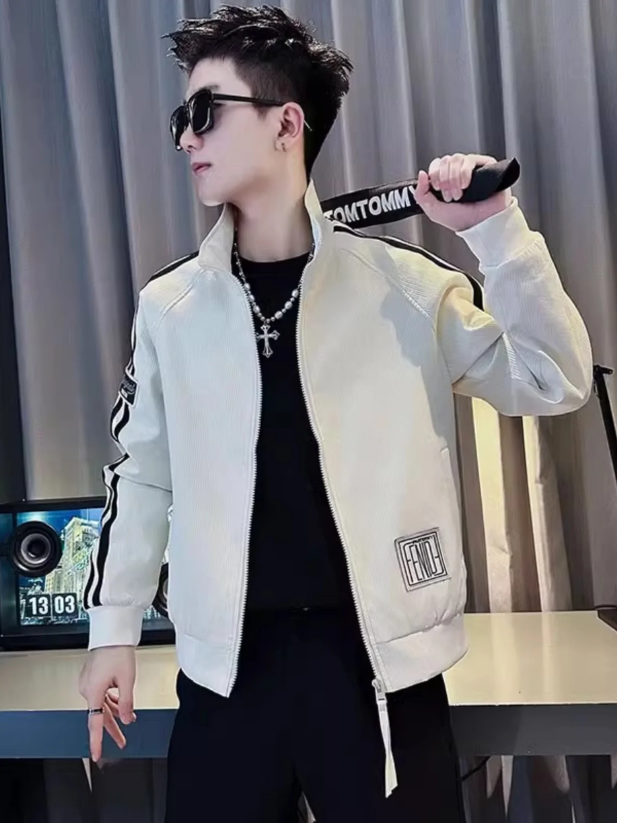 لون Blo Baseball Jaet الرجال سليم صالح عادية Sle ألياف البوليستر سستة إغلاق طويل Sve يندبروف ملابس خارجية #3