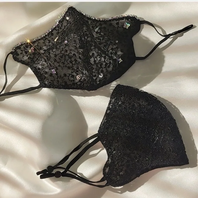Women Fashion Lace Rhinestone Butterfly Diamond Studded Mask Autumn Winter Warm Cold Proof Windproof Dustproof Washable Cover
