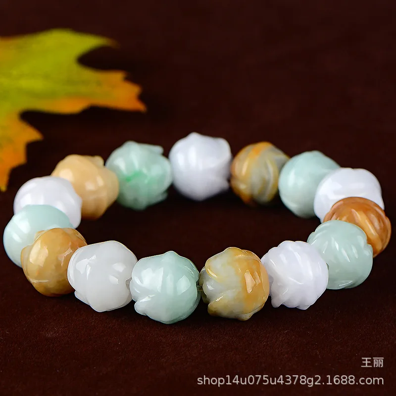 Natural Emerald Three-Color Original Colors Lotus Bracelet Men and Women Burma Mine Timber a Goods Jade Brace