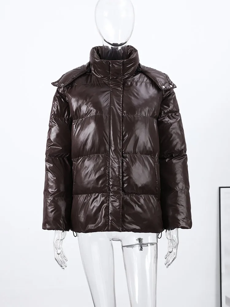 

Glossy Hooded Cotton Coats Women Casual Full Sleeve Zipper Pockets Thicken Solid Jackets 2025 Winter Fahion Warm Outwear Lady