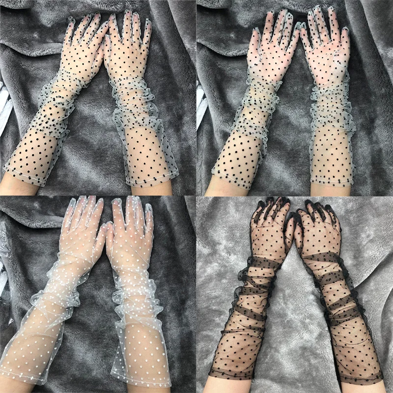 

1pair Fashion Women Ultra Tulle Dot Gloves Mesh Sheers Full Finger Elbow Long Gloves Vintage Gloves Wedding Bride Dress Mittens