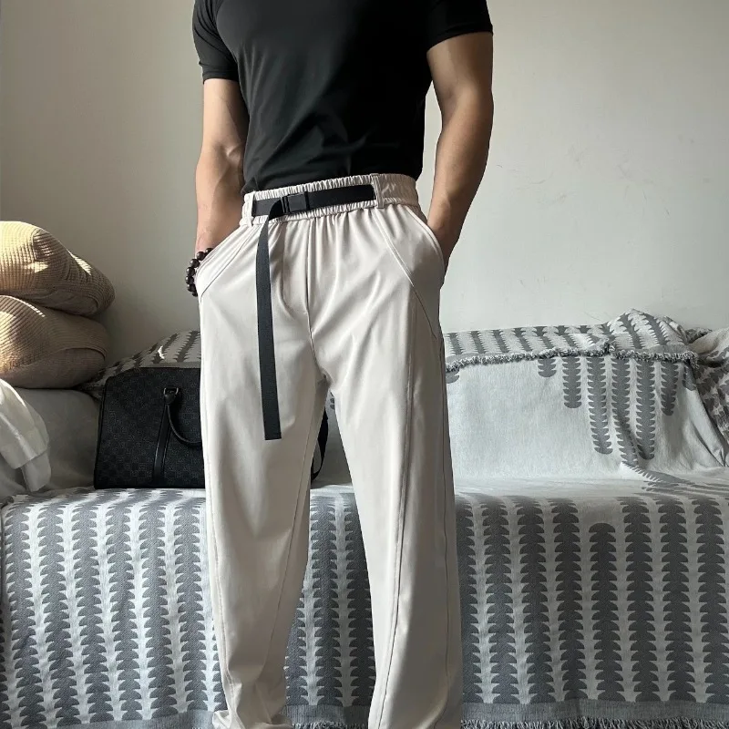 High Elasticity Thin Sports Pants Loose Fit Fitness Training Breathable Casual Belt Pants Men's Solid Ice Silk Cool Feeling