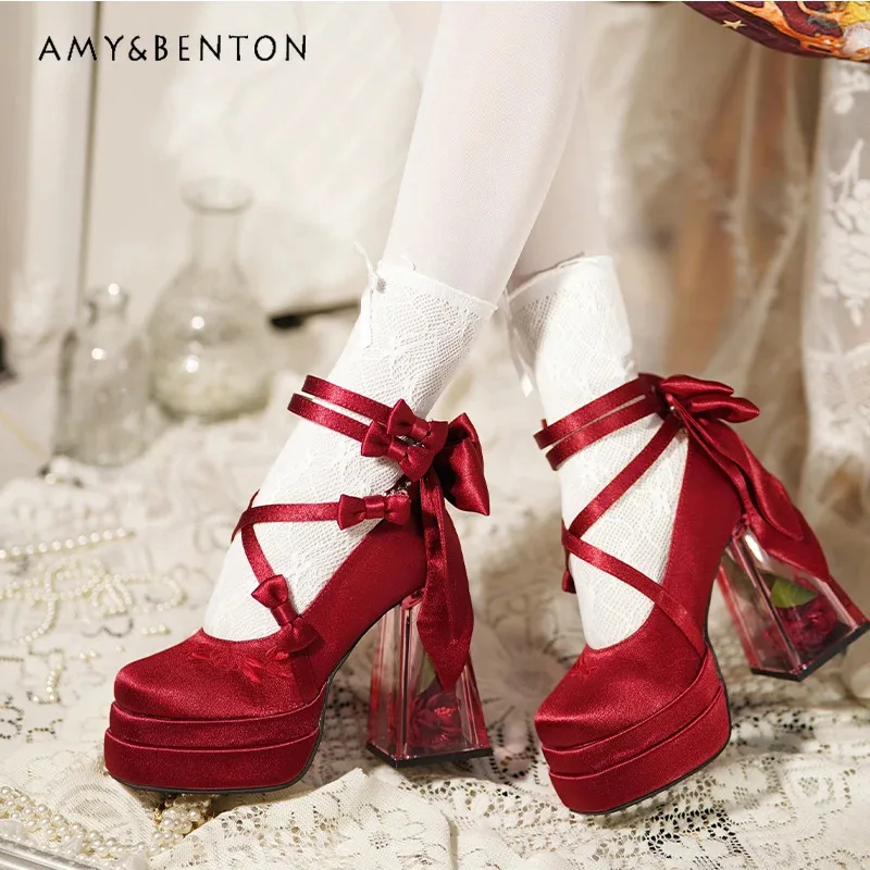 

25COSOriginal Retro Court Style Flower Embroidery Lolita High Heels Elegant Temperament Princess Mary Jane Shoes Cos High Heels