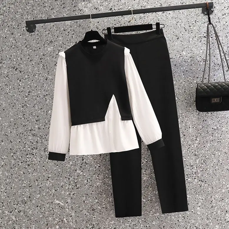 Asymmetric Splice Long Sleeve Chiffon Shirt Casual Pencil Pants Two Piece Elegant Women\'s Pants Set Summer Outfits