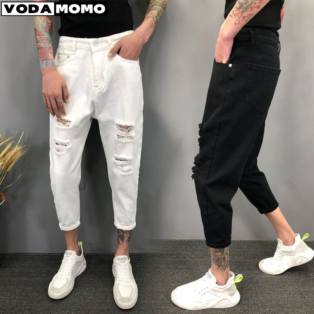 

Уличная одежда 2025 года, модные черные рваные джинсы скинни, мужские узкие джинсовые брюки в стиле хип-хоп, новые весенние повседневные джинсы для мужчин, бег
