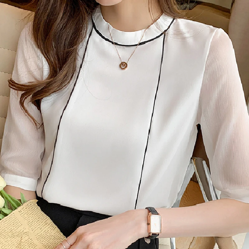 

Summer Women White Blouse Short Sleeve Blouse Women O-Neck Chiffon Blouse Shirt Tops Women Blusas Mujer De Moda 2021 Blouses F97