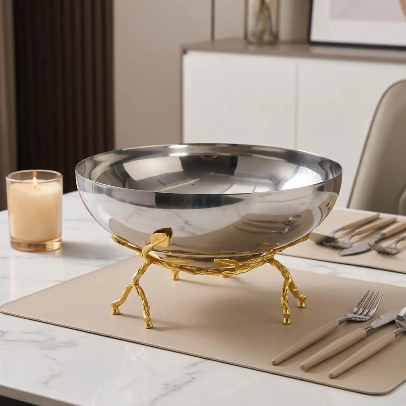 Decorative Bowl with Stand Stainless Steel Serving Dish with Stand Polished for Dining Table, Entryway Console