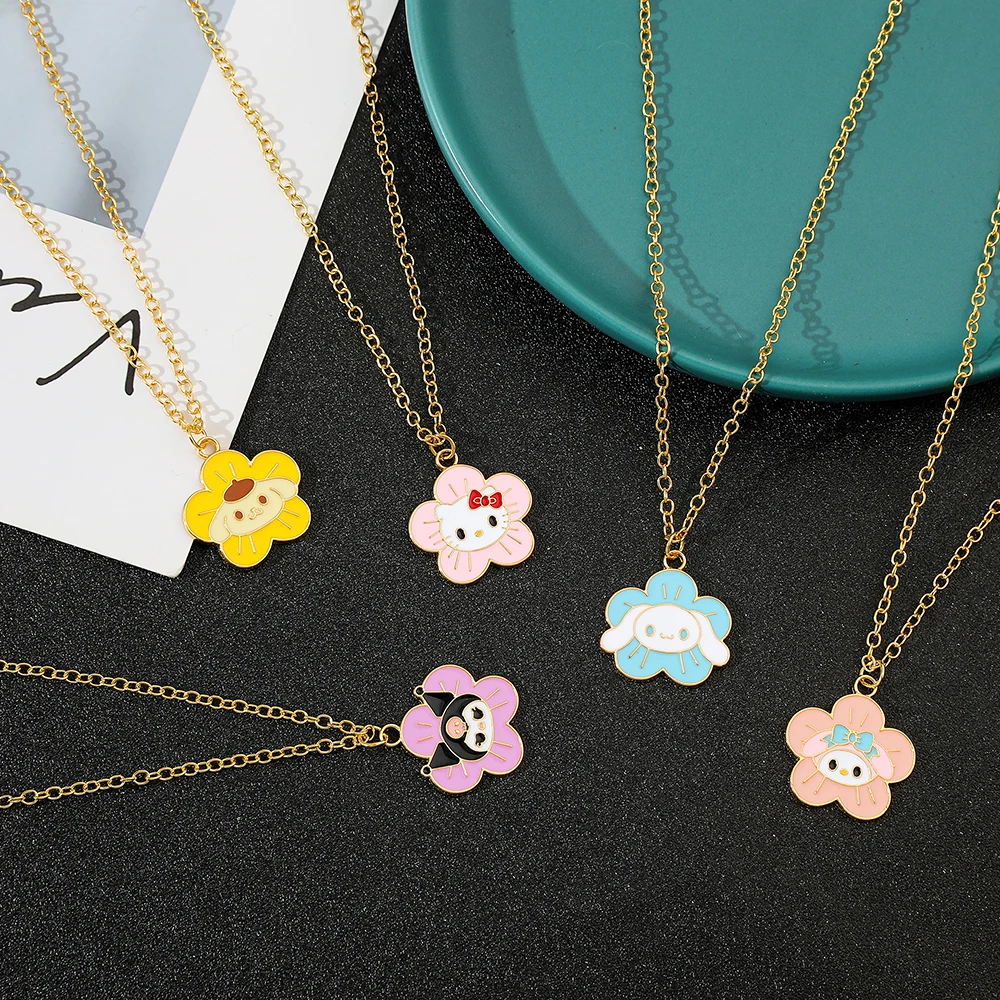 Sanrio Flower Pom Pom Purin Cinnamoroll Melody Necklace Kuromi Cartoon Pendant Male and Female Student Clavicle Chain Necklace