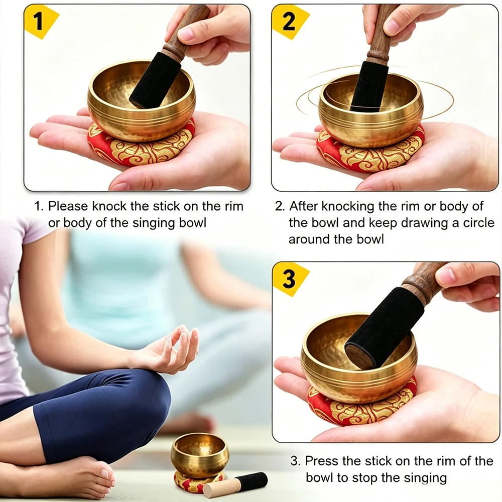 Handcrafted Brass Meditation Singing Bowl Set