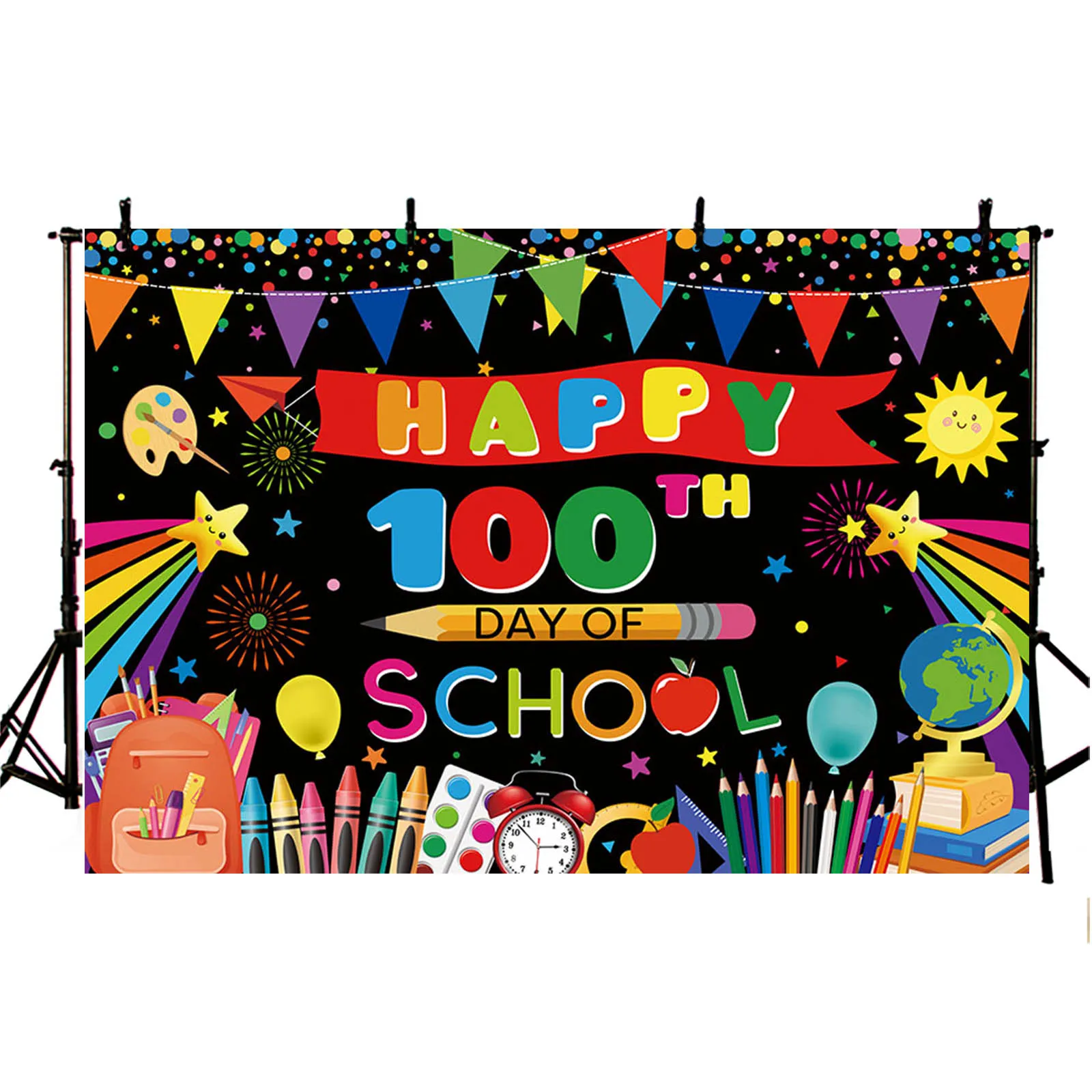 AIBIIN Happy 100th Day of School Backdrop Colorful Pencils Books Bag Party Decor Background Student Portrait Poster Photozone