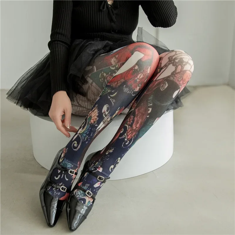 Women's Graffiti Printed Tights Butterfly Lattice Seamless Pantyhose Female Sexy Stretch Long Socks High Waist Stockings 2024