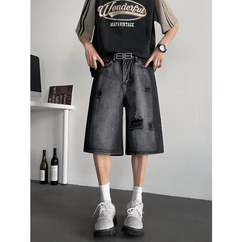 

Heavy-Duty Distressed Shorts Gradient Vintage Personality Street Style Men'S Fashion Trendy Pants
