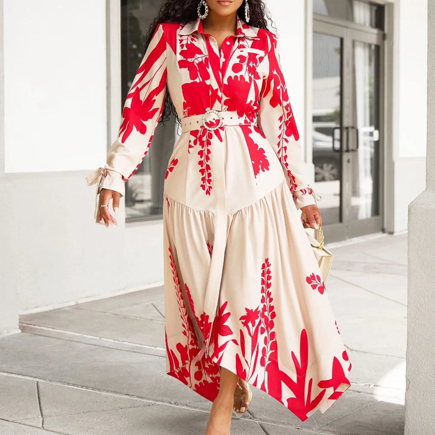

Women's Summer New Long Sleeve Printed Turn-Down Collar Irregular Loose Plus Size Dress