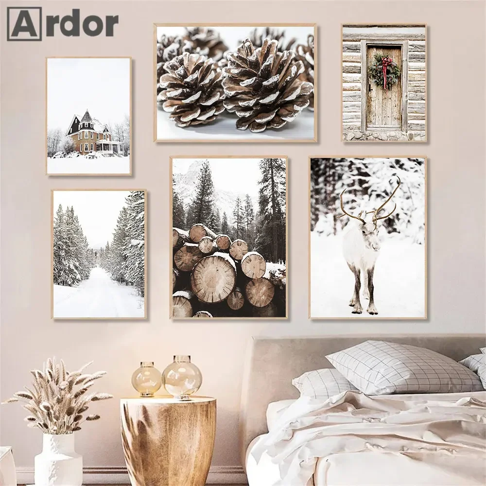 Winter House Prints Canvas Painting Pine Wood Tree Poster Elk Wall Art Print Snow Posters Nordic Wall Pictures Living Room Decor