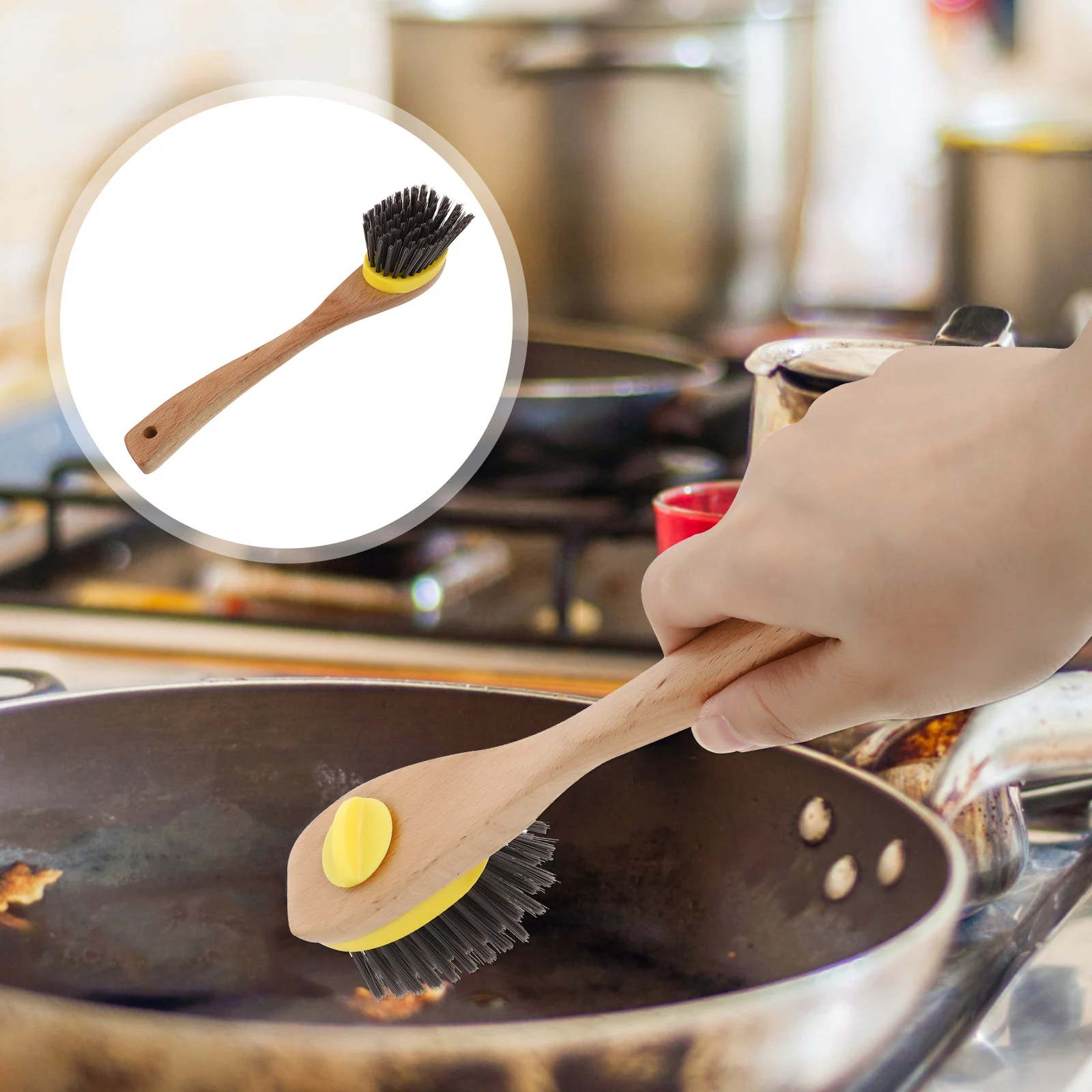 

1pc Long Handle Wood Cleaning Kitchen Pot Dish Bowl Wok Brush Dense Bristles Ergonomic Non-Stick Oil Brush