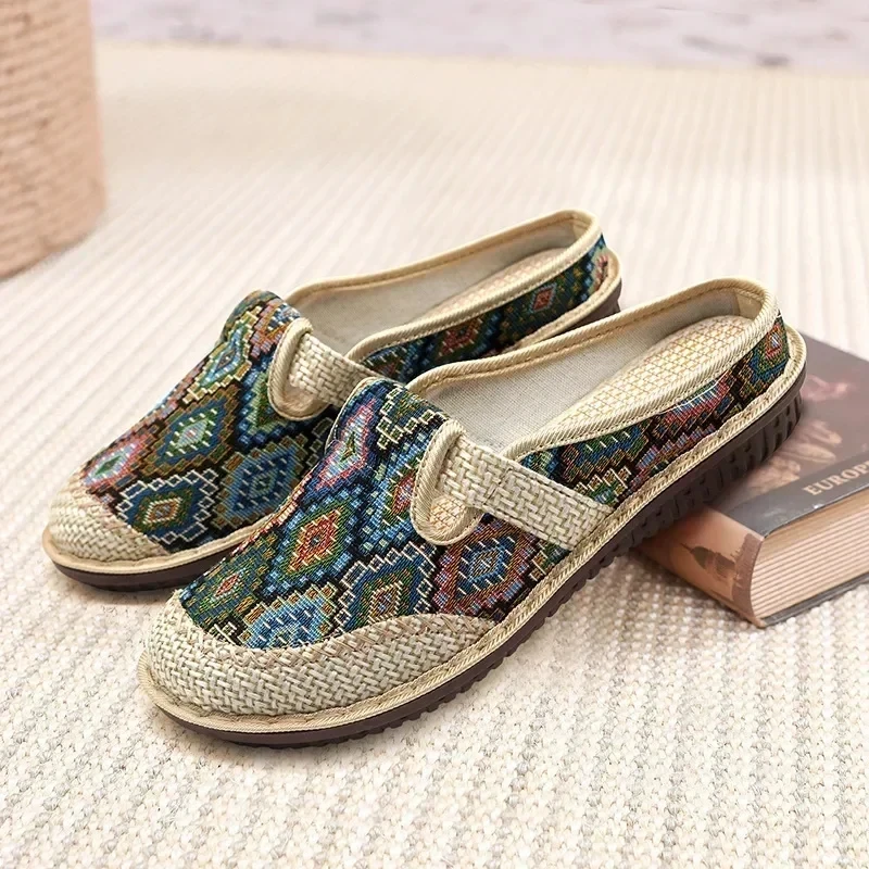 2024 Fashion Women\'s Shoes Ethnic Style Embroidered Linen Breathable Outdoor Casual Slippers Shoes for Women Zapatos De Mujer