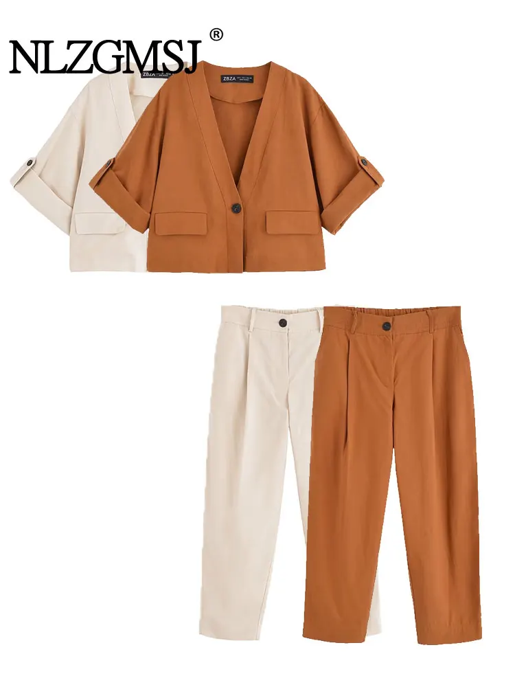 

NLZGMSJ 2025 Summer Casual Chic Women Suit Solid Short Sleeved V-neck Jacket Loose Long Pants Fashion Autumn Basics Sets