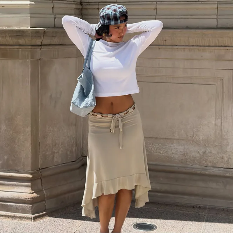 Summer Ruffled Hollow Lace Up Skirt Women's Irregular Splice Fashion High Waist Mid-length Skirts Slim Sexy Club Party Clothes