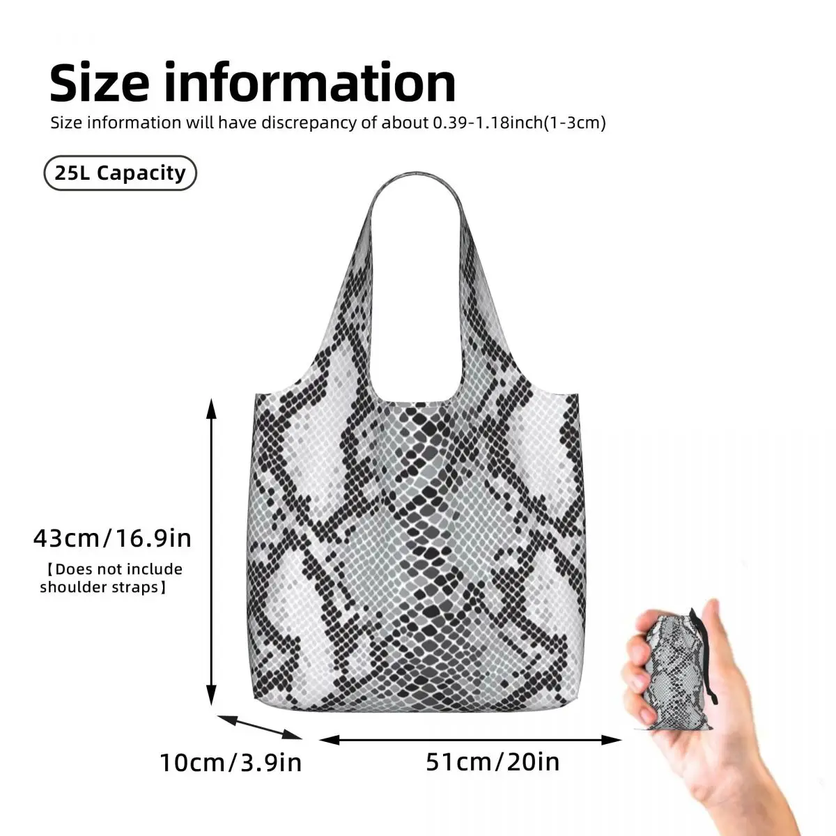 Gray Snake Skin Animal Print Shopping Tote Bag Canvas Large Capacity Shoulder Bags Shopper Grocery Handbag for Women