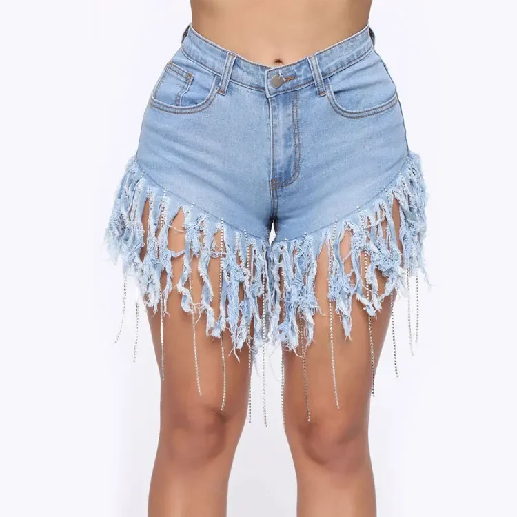 

2024 Summer Trendy Woman Indie Skinny Summer Shorts S-3XL Tassel Blue Black Denim Shorts Fashion Sexy Tasse Solid Jeans Shorts